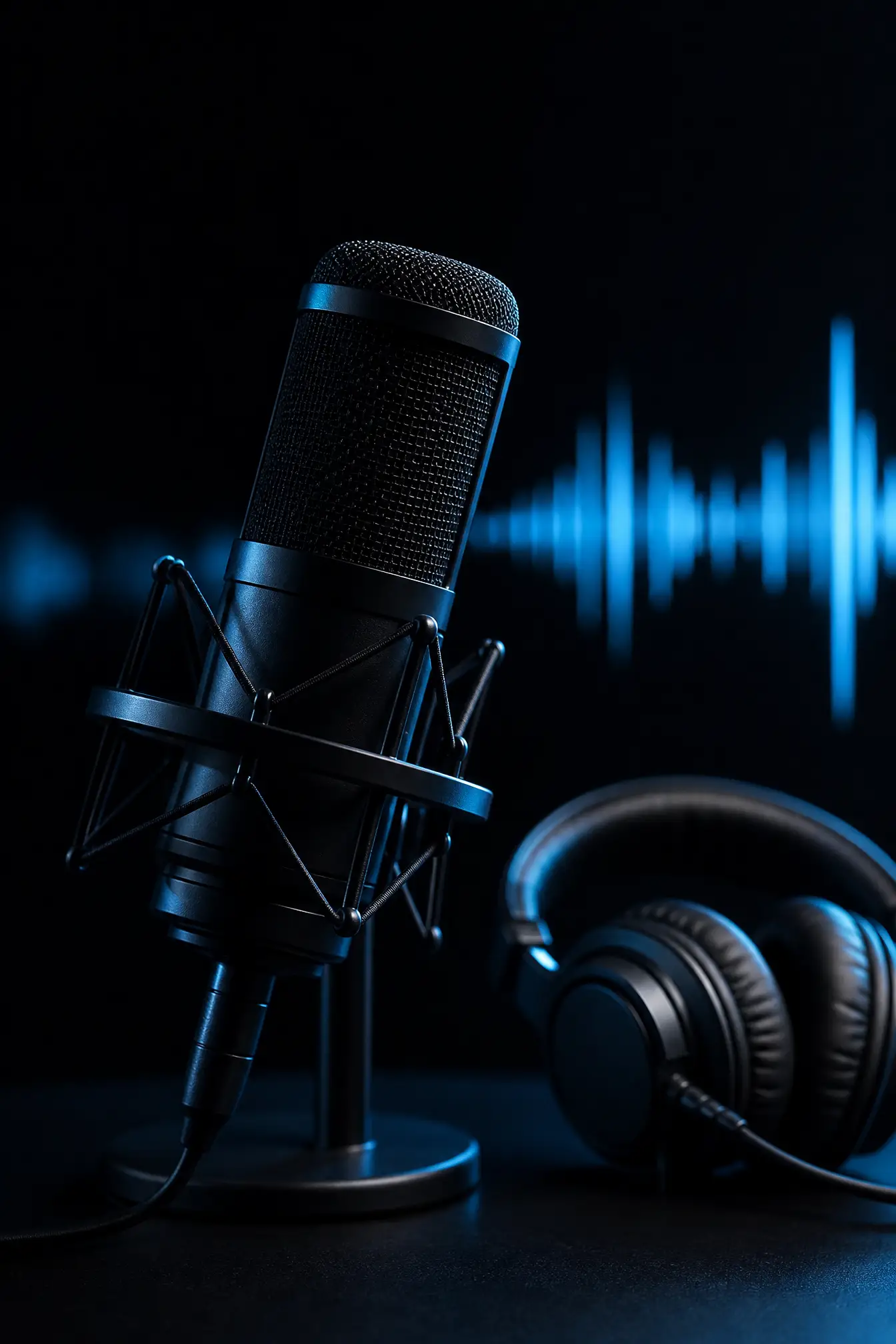 Podcast studio microphone and headphones